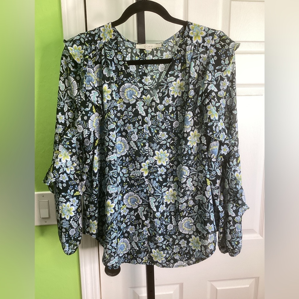 LOFT Black and Blue Floral Blouse, size Medium